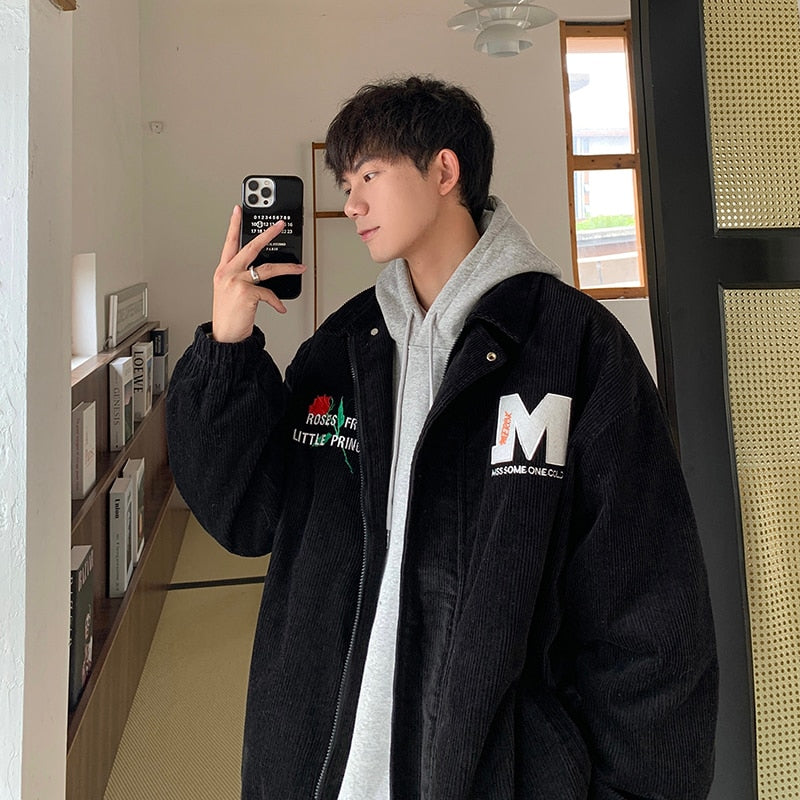 Advbridge Corduroy Retro Vintage Letterman M Embroidery Men Coaches Jacket Unisex Women Oversize  Baseball Varsity Bomber Streetwear Chic
