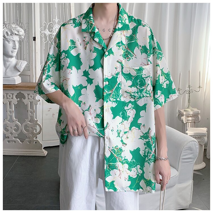 Advbridge Summer Men Short Sleeve Floral Shirt Streetwear Fashion Loose Turn-down Collar Mens Hawaiian Vibe Shirts Vacation Camisa