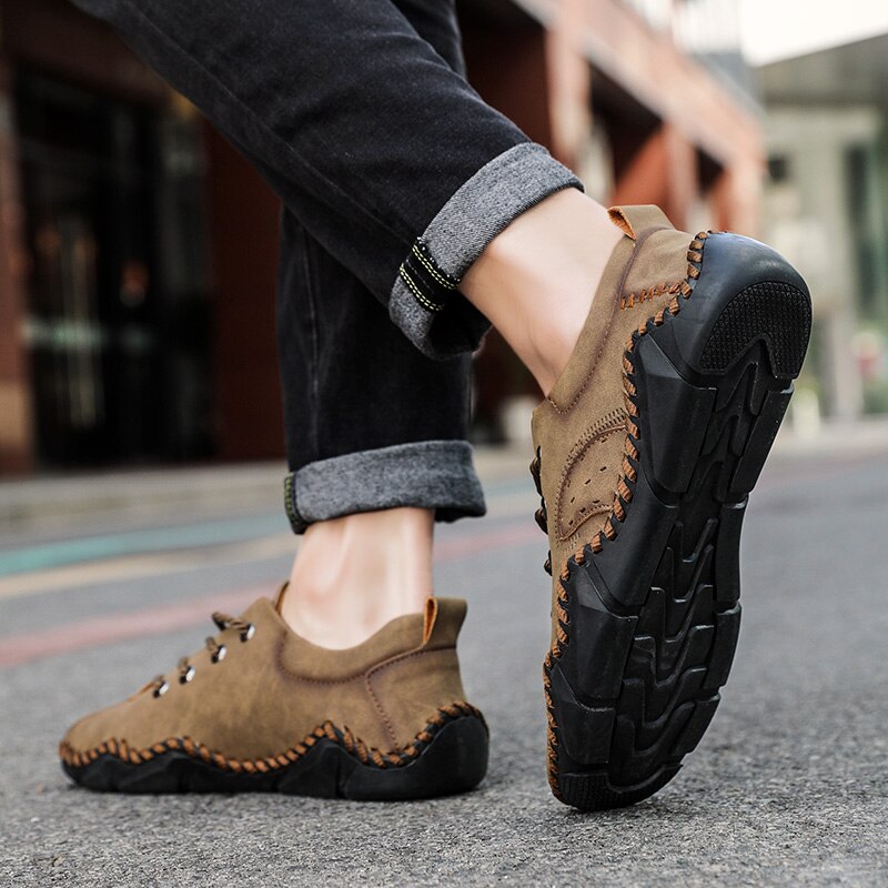 Advbridge Fashion Vintage Handmade Leather Men Shoes New Outdoor Casual Loafers Lace-up Moccasin Tooling Shoes Driving Flat Big Size 38-48