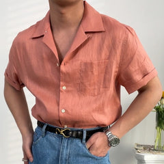 Advbridge Summer Linen Cuban Collar Short-sleeved Shirt Beach Holiday Breathable Solid Color Shirt Retro Loose Top Ropa Hombre Casual