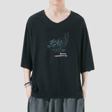 Advbridge Kirin Embroidery Fashion T-Shirt Men Seven Sleeves V-Neck Tees Tops Male Summer Casual T Shirt Streetwear Male Black/Rice white