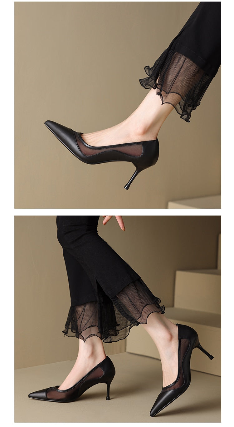 Advbridge 2023 new Spring women pumps natural leather 22-24.5cm cowhide+mesh+pigskin full leather high heels pointed toe women shoes