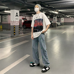 Advbridge New Graffiti Men Jeans Casual Male Wide Leg Pants American Street Unisex Jeans Hip Hop Street Straight Loose Denim Pants 2023