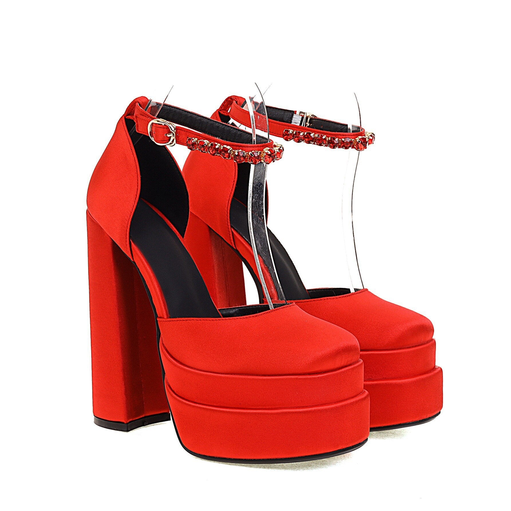 Advbridge Women New Suede Leather Thick Heel Low-top Square Pumps Diamond Ankle Strap Buckle Shoes