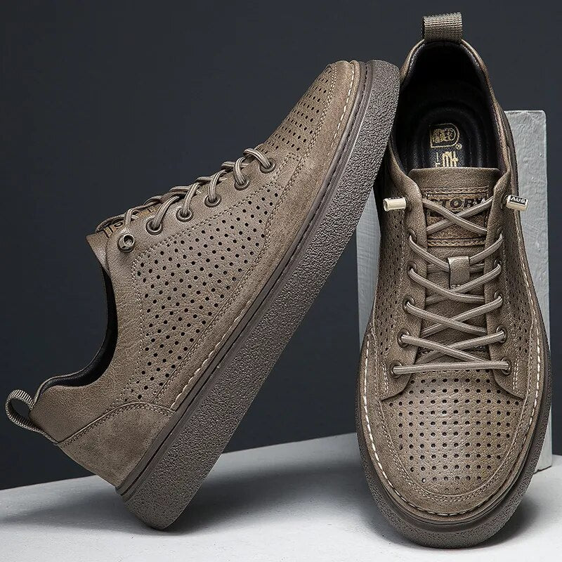 Advbridge Hollow Out Men Casual Shoes Genuine Leather Sneakers Breathable Lace Up Footwear Comfort Man Skate Shoes Outdoor Vulcanize Shoes