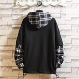 Advbridge Black Tartan Patchwork Hoodies Autumn Spring Men's Sweatshirts Hiphop Punk Streetwear Casual Pullover Hoodie Black Lattice