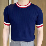 Advbridge O-Neck Stretched Men's Tee Shirt Patchwork Color Stripe Slim Fit Knitted T Shirt Homme Streetwear Fashion Casual T-Shirt