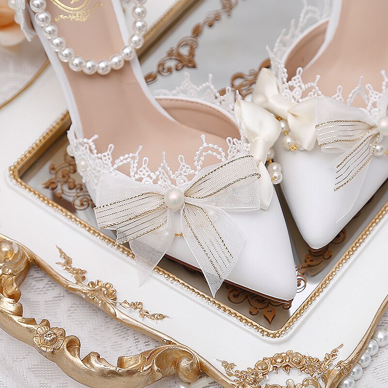 Advbridge Lolita Wedding Dress Bridal Shoes Pearl Crystal Wristband Girl Flower Wedding Lo Shoes White Bowknot French Women's Shoes