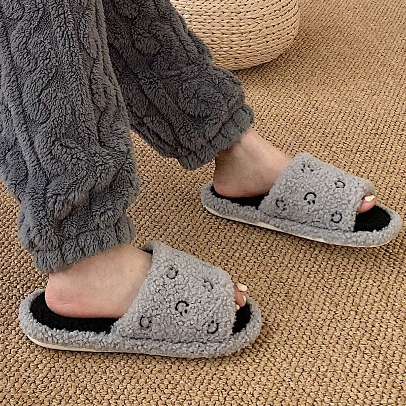 Advbridge New Winter Slippers Woman Autumn  Warm Closed Fluffy Plush Slides Men Indoor Home  Cute Face White Flip Flops Flat Cotton Shoes