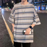 Advbridge Summer Grey/Black Striped T-Shirt Men Fashion Retro Casual T Shirt Men Streetwear Korean Loose Short Sleeve T-Shirt Mens Top