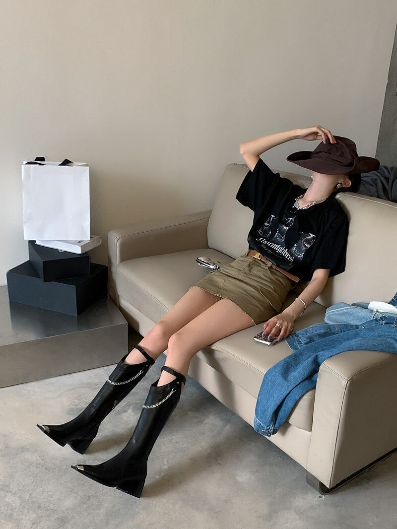 Advbridge Womens Mid Calf Street High Boots Thick Heel 7CM Square Toe Side Zipper Punk Style Shoes Cow Split Leather Chain Boots For Women
