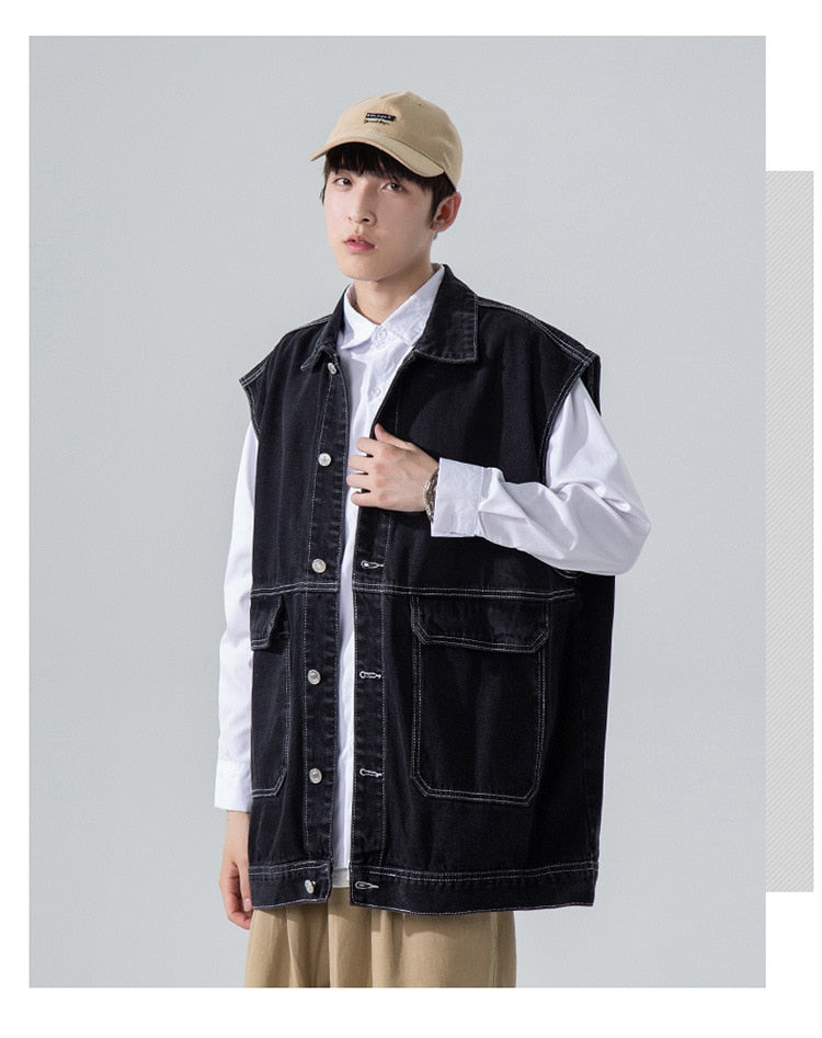 Advbridge All Season Fashion Men's Solid Pocket Cool Boy Casual Loose Safari Style Tess Button Sleeveless Vest Denim Button Jacket Coat