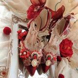 Advbridge Chinese Style Cosplay Girl Shoes Gorgeous Wedding Lace Embroidery Pearl Gem Flower Phoenix Feather Pointed 5-7cm High Heel Shoes