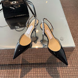 Advbridge Spring and Summer French High Heels Women's Stiletto Pointed Toe Nude Back Empty Single Shoes Rhinestone Toe Sandals