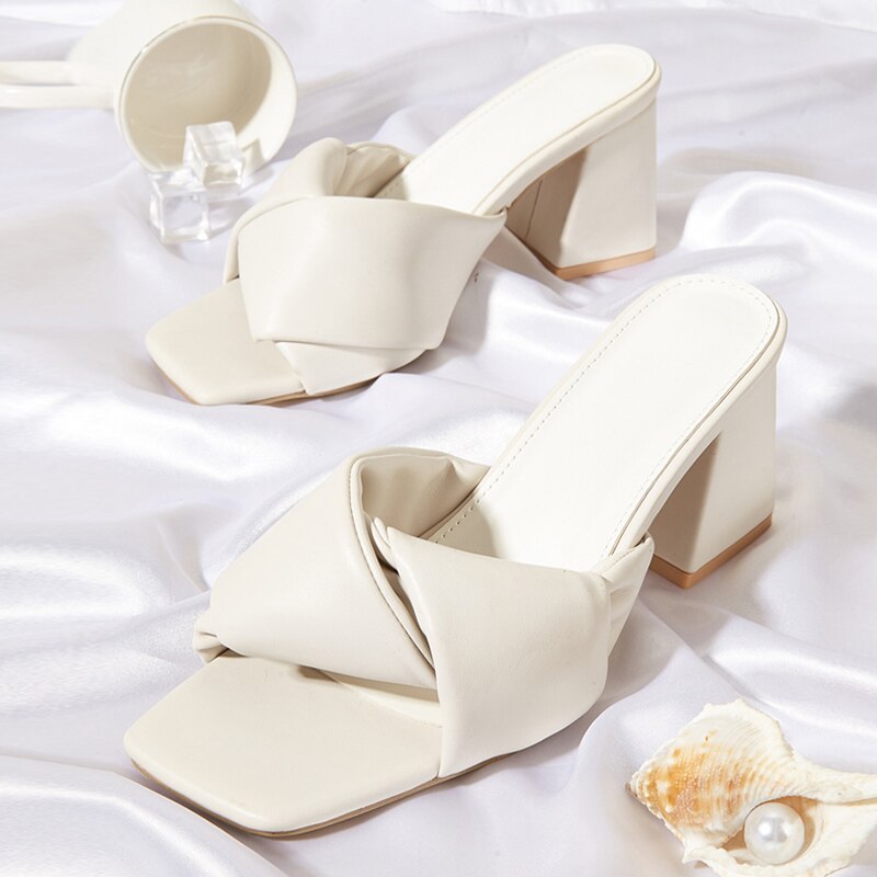Advbridge High Quality Green Pleated Leather Women Low Square Heels Sliders Slippers Open Toe Casual Gladiator Sandals Beach Shoes