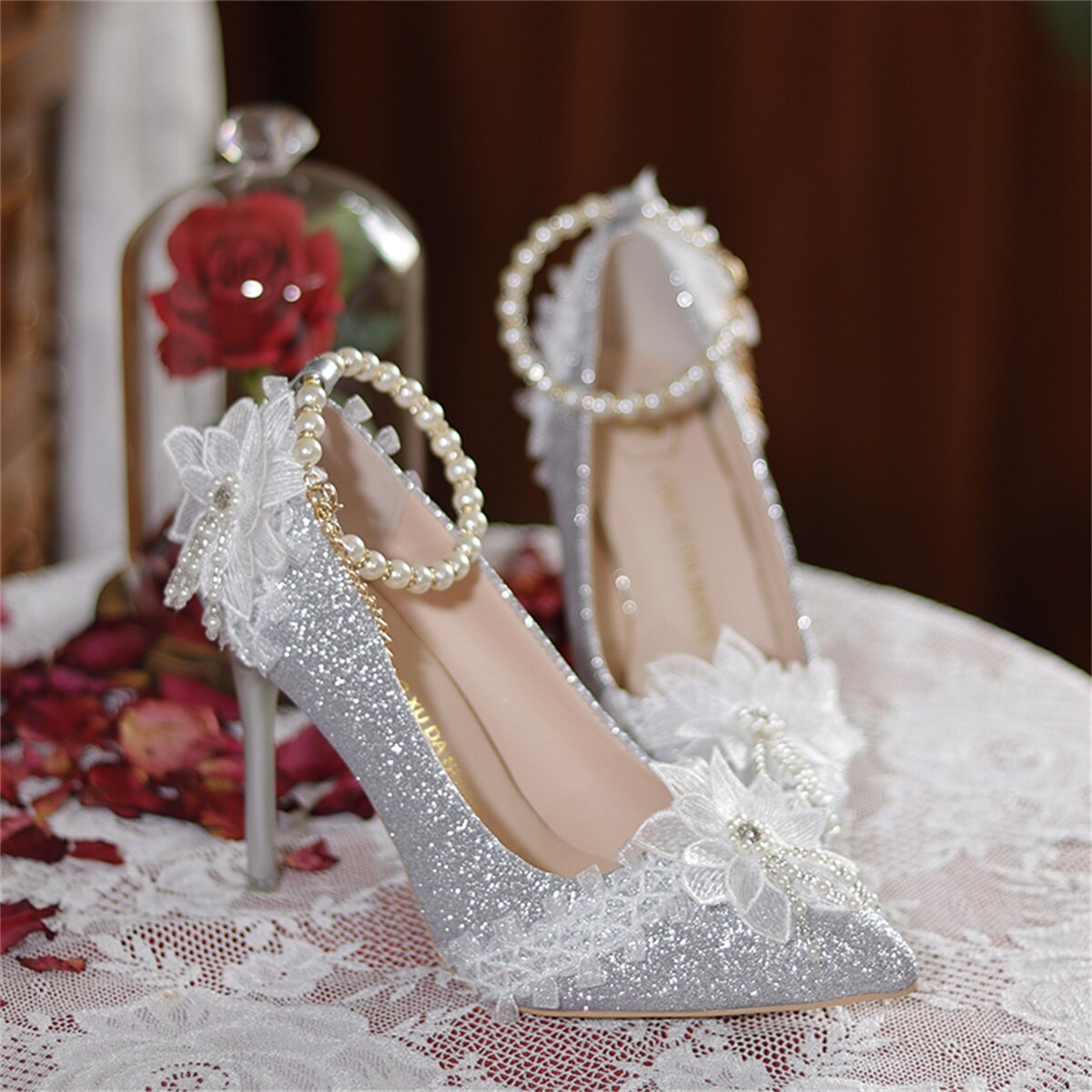 Advbridge French Elegant Vintage Girl Shoes Gradient Starl Sky Flower Pearls Tassels Pointed Sandals Elegant Tea Party 9cm High Heel Shoes