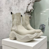 Advbridge Thick Sole Leather Elastic Rain Boots New High Heel Round Toe Chelsea Boots for Women