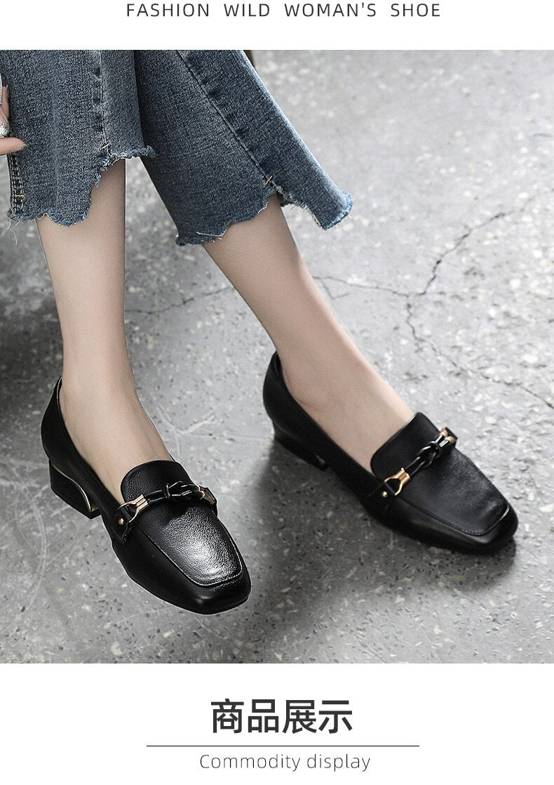 Advbridge Fashion New First Layer Cowhide Leather Single Shoes Autumn Mid-heel Comfortable and Elegant Leather Shoes Ladies Loafers