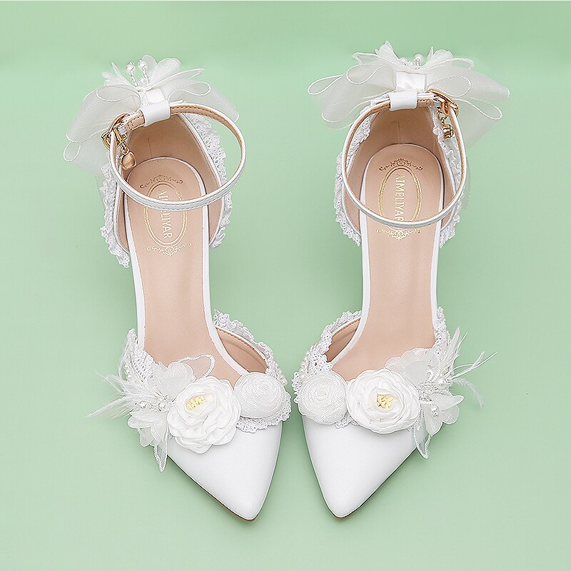 Advbridge French Elegant Bride Lolita Lace Bowknot Pearl Point Baotou Sandals One Word Flower Wedding Lo Wedding Shoes