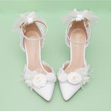 Advbridge French Elegant Bride Lolita Lace Bowknot Pearl Point Baotou Sandals One Word Flower Wedding Lo Wedding Shoes