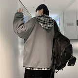 Advbridge Fake Two Piece Men's Jacket Coats Loose Plaid Print Hooded Tops Spring Fashion Jackets Men Tide Coat