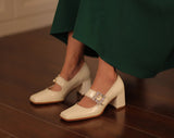 Advbridge Mary Jane Shoes Retro Style High Heel Elegant Women Pumps 6cm Crystal Lady Shoes SquareToe Spring Atumn Real Leather talon femme