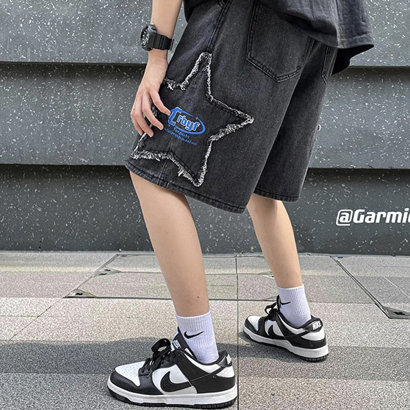 Advbridge Ripped Stars Patch Jeans Shorts for Men Summer Korean Fashion Trends Streetwear Bottoms Teenage Baggy Denim Pants Gothic Clothes