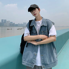 Advbridge Blue Denim Vest Men's Fashion Vintage Pocket Vest Men Japanese Streetwear Hip-hop Loose Sleeveless Jackets Mens Denim Jacket