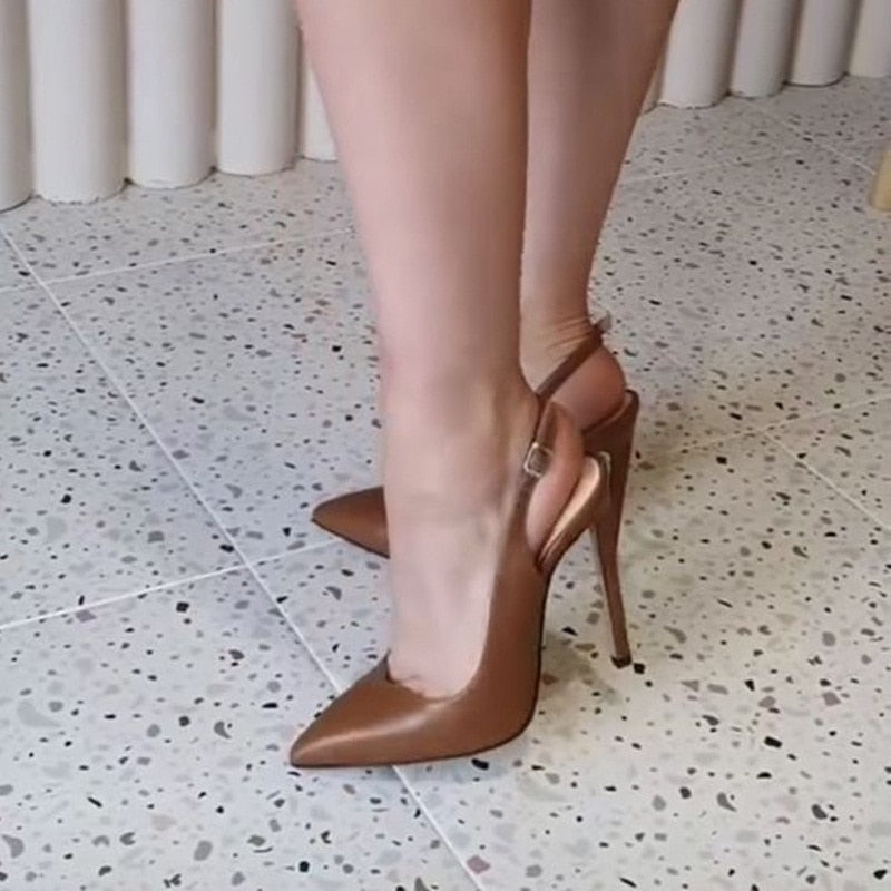 Advbridge Brown Matte Leather Slingback Woman Shoes 12CM 10CM 8CM Stiletto High Heels Pumps Pointed Toe Buckle Strap Hollow Party Shoes