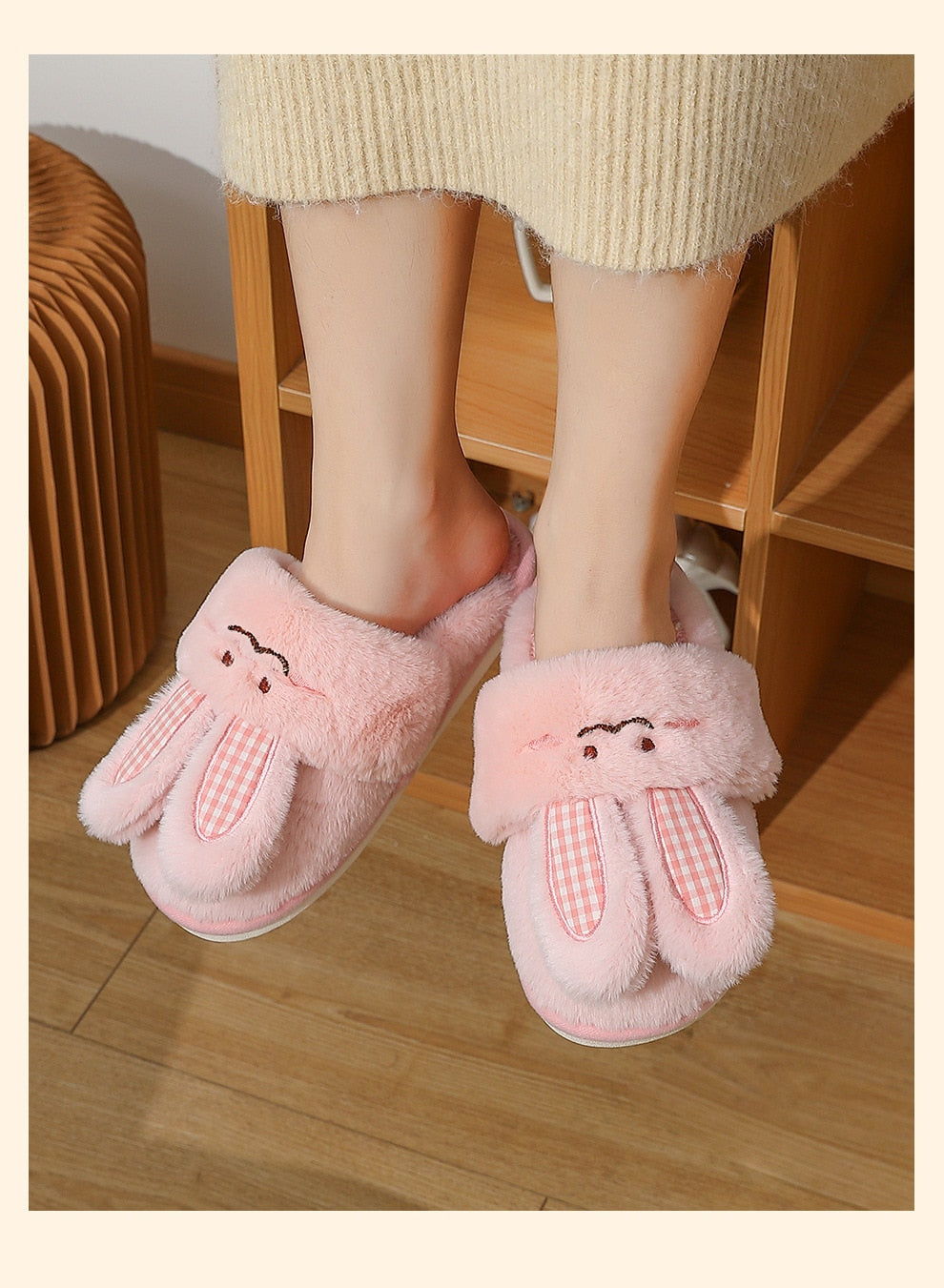 Advbridge Women Home Floor Slippers Cute Cartoon Rabbit Couples Winter Shoes Warm Plush Anti-slip Female Male Indoor Cotton Slides