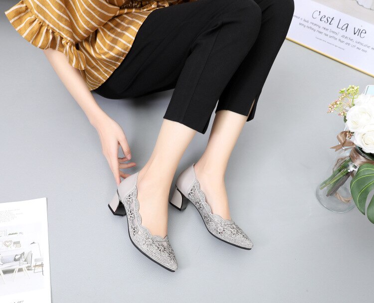 Advbridge Summer Fashion Hollow Out Genuine Leather Pumps Women Shoes Med Heels Square Diamond Mesh Ladies Office  Crystal Pointshoes