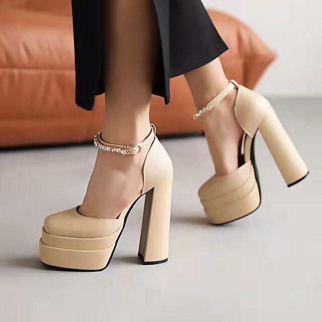 Advbridge Women New Suede Leather Thick Heel Low-top Square Pumps Diamond Ankle Strap Buckle Shoes