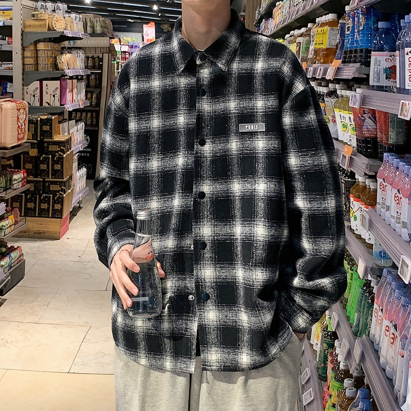 Advbridge New Men Casual Plaid Flannel Shirt Spring Autumn Long Sleeve Shirt Men Clothing Harajuku Black Shirt Korean Style Streetwear 3XL