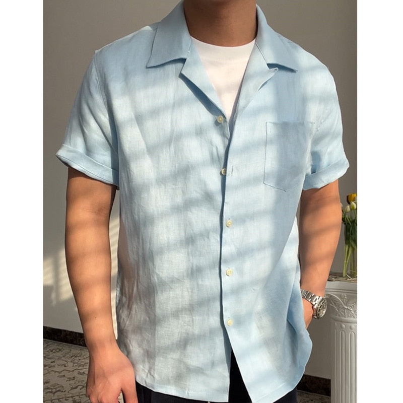 Advbridge Summer Linen Cuban Collar Short-sleeved Shirt Beach Holiday Breathable Solid Color Shirt Retro Loose Top Ropa Hombre Casual