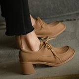Advbridge Ladies Loafers 5.5 CM Spring Autum Lac-Up Simple Shoes On Thick Square HeelWomen Retro Pump Cowhide Big Toe Pumps British Style