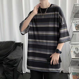 Advbridge Summer Grey/Black Striped T-Shirt Men Fashion Retro Casual T Shirt Men Streetwear Korean Loose Short Sleeve T-Shirt Mens Top