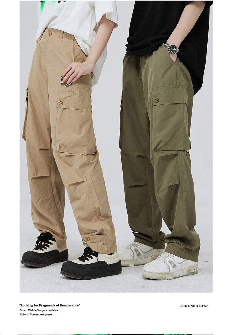 Advbridge Autumn All Season Casual Soft Solid Men's Cool Boys Waist Loose Versatile Overalls Pocket Cargo Pants Button  Unisex