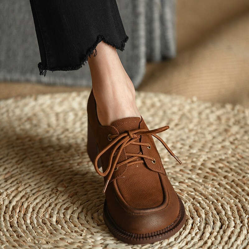 Advbridge Ladies Loafers 5.5 CM Spring Autum Lac-Up Simple Shoes On Thick Square HeelWomen Retro Pump Cowhide Big Toe Pumps British Style