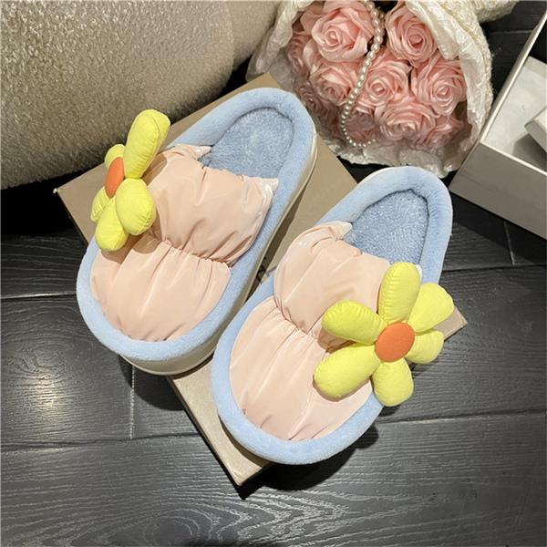 Advbridge Med Flower Home Slippers Women's Female Shoes Winter Footwear Fur Flip Flops Slides Platform Massage  Flat Plush Floral Cott