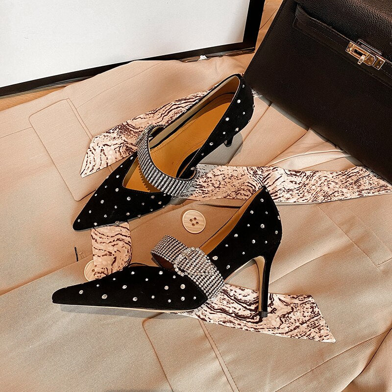 Advbridge Women Pumps 8.5 cm Sexy Shoes Kid Suede Lady High Heels Elegant Party Shoes On Heel With Crystals Pointed Toe