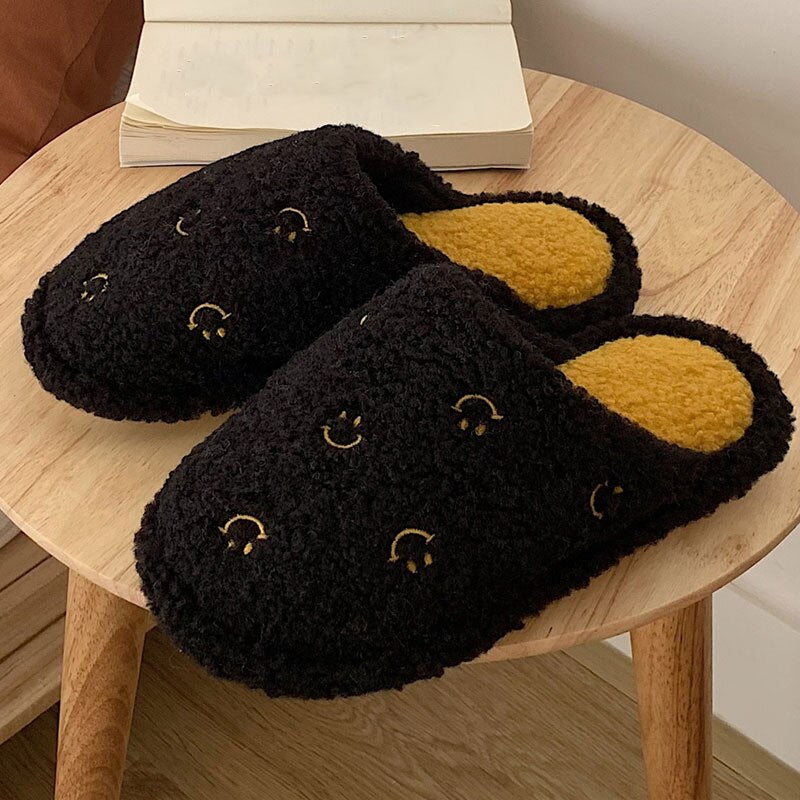 Advbridge New Winter Slippers Woman Autumn  Warm Closed Fluffy Plush Slides Men Indoor Home  Cute Face White Flip Flops Flat Cotton Shoes