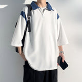 Advbridge Denim Patchwork Waffle Polo Shirts for Teenage Fashion Trends Oversized Streetwear Mens Loose Fit Golf Tees Casual Pullover Tops