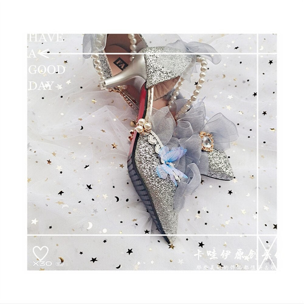 Advbridge Kawaii Girl Tea Party Pointed Sandals Mid Heel Victoria Lolita Shoes Elegant Woman Pearl Chain Lace Bowknot Cosplay Lolita Shoes