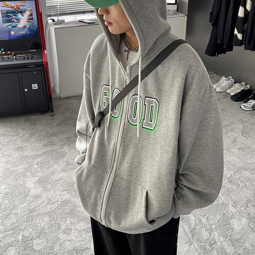 Advbridge Letter Print Zip Up Hoodies for Mens Korean Fashion Trends Streetwear Teenage Oversized Track Sweatshirts Spring Casual Clothing