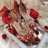Advbridge Chinese Style Cosplay Girl Shoes Gorgeous Wedding Lace Embroidery Pearl Gem Flower Phoenix Feather Pointed 5-7cm High Heel Shoes
