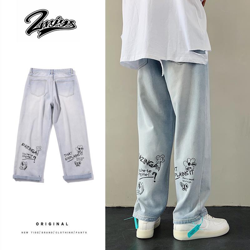 Advbridge Men Jeans light color jeans women autumn loose fit students wide leg pants Japanese fashion brand graffiti straight pants