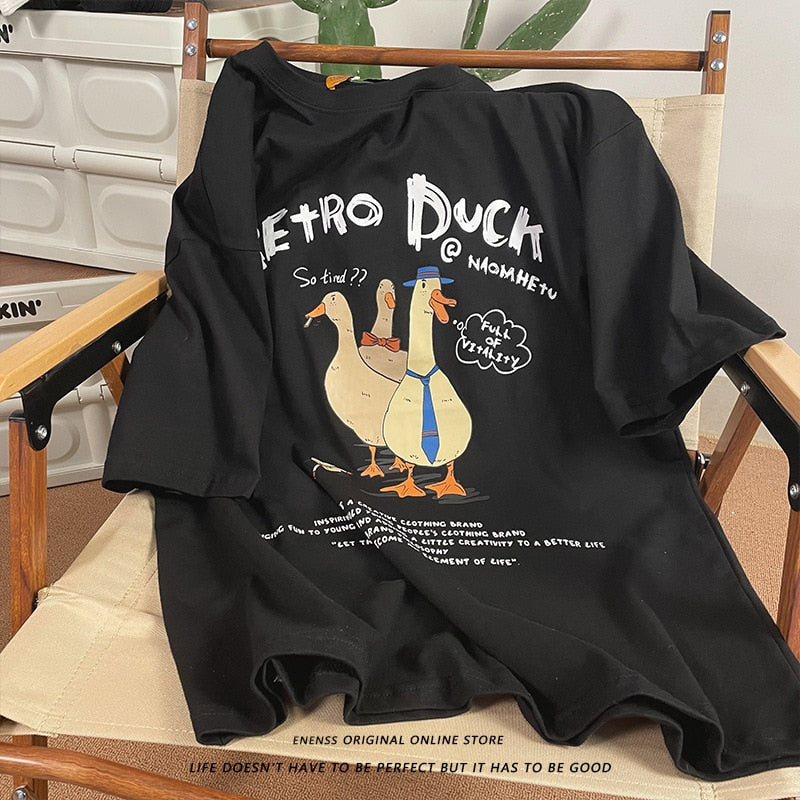 Advbridge Vintage Funny T-shirt for Mens Harajuku Cartoon Ducks Print Graphic T Shirts Y2k Streetwear American Tee Summer Short Sleeve Top