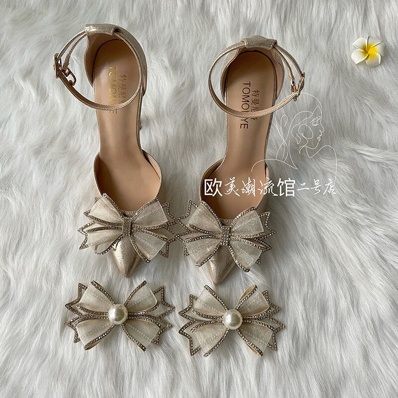 Advbridge Champagne Rhinestone Bow Hollow Pointed Toe Buckle Pumps Versatile Banquet Wedding Shoes