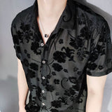 Advbridge New Shirt Trendy Transparent Black Floral Shirt Men Sexy Velvet Shirt Men Short Sleeve Clothing See Through Social Club