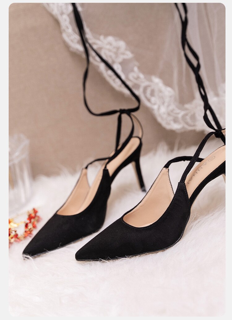 Advbridge Black Toe Sandals Women's Fashion New Strappy Stiletto Pointed Toe Back Empty Women's High Heels Dress Party Banquet Shoes